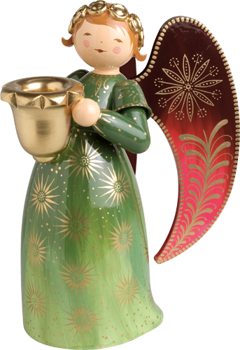 Angel richly painted, large, with light bowl, green