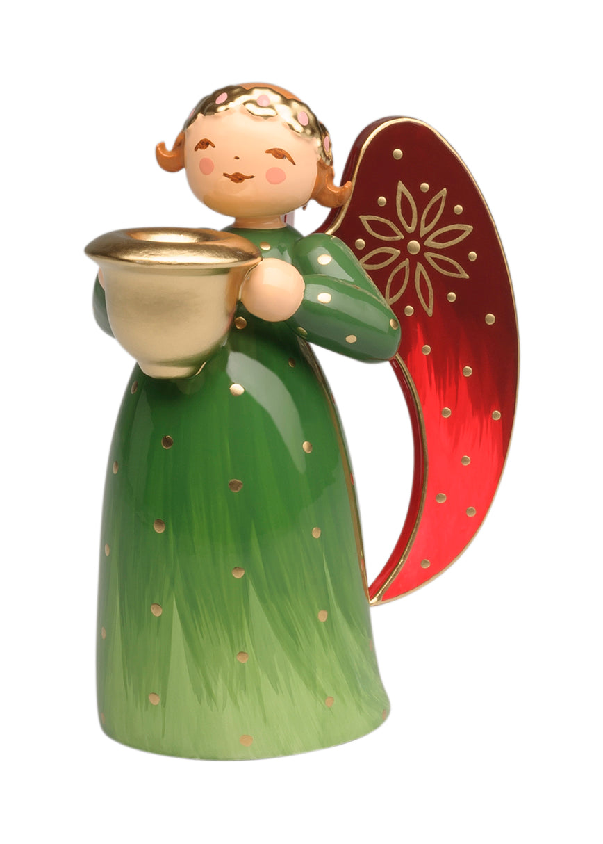 Angel richly painted, green, small, with light bowl